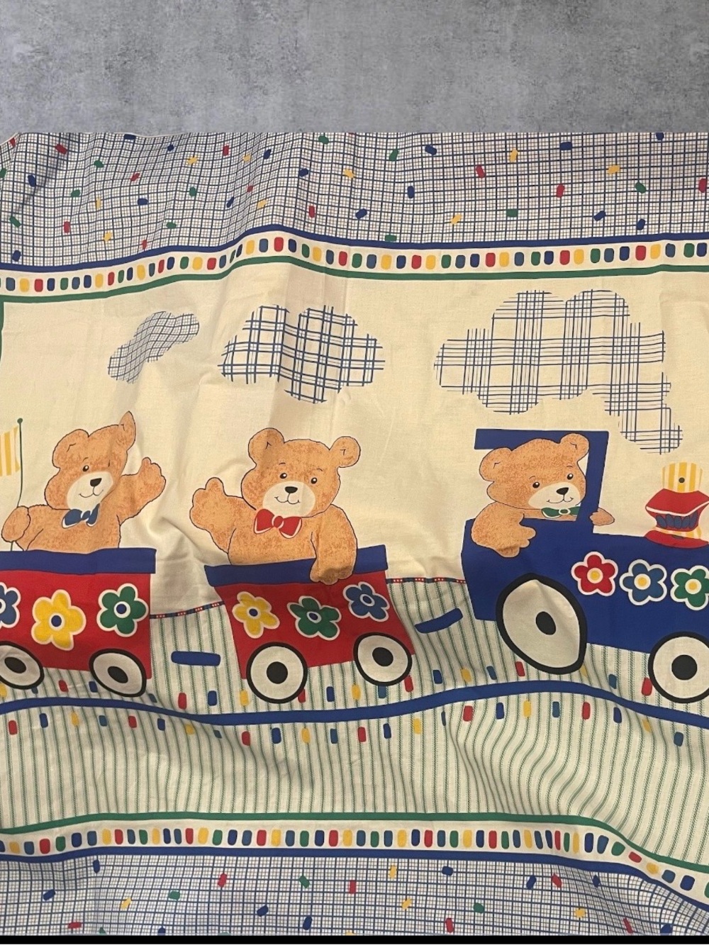 Source Unknown Blue & Red Teddy Bear Train Bedding Panel